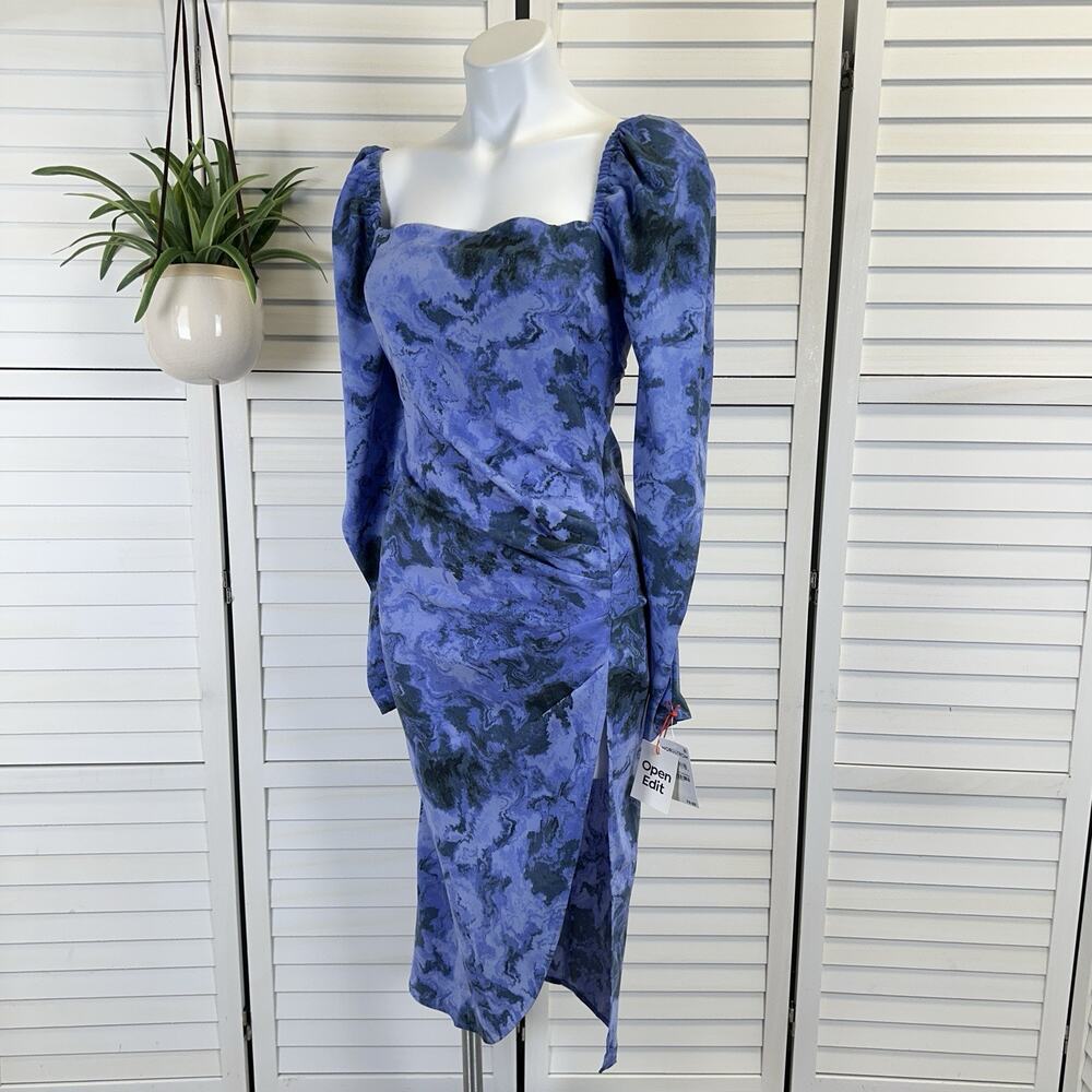 New Open Edit Marbled‎ Long Sleeve Midi Dress Blue Geode Slit Puff Sleeve Size S